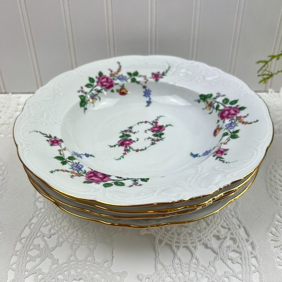 Wawel 4 Rimmed China Soup Bowls Poland Embossed Scalloped White Pink Roses - Picture 9 of 12